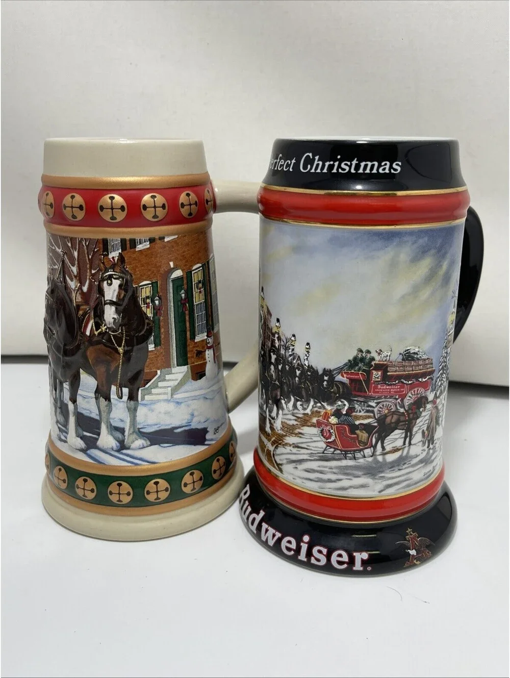 2 Budweiser Holiday Beer Stein 1992 & 1993 Clydesdales Ceramarte